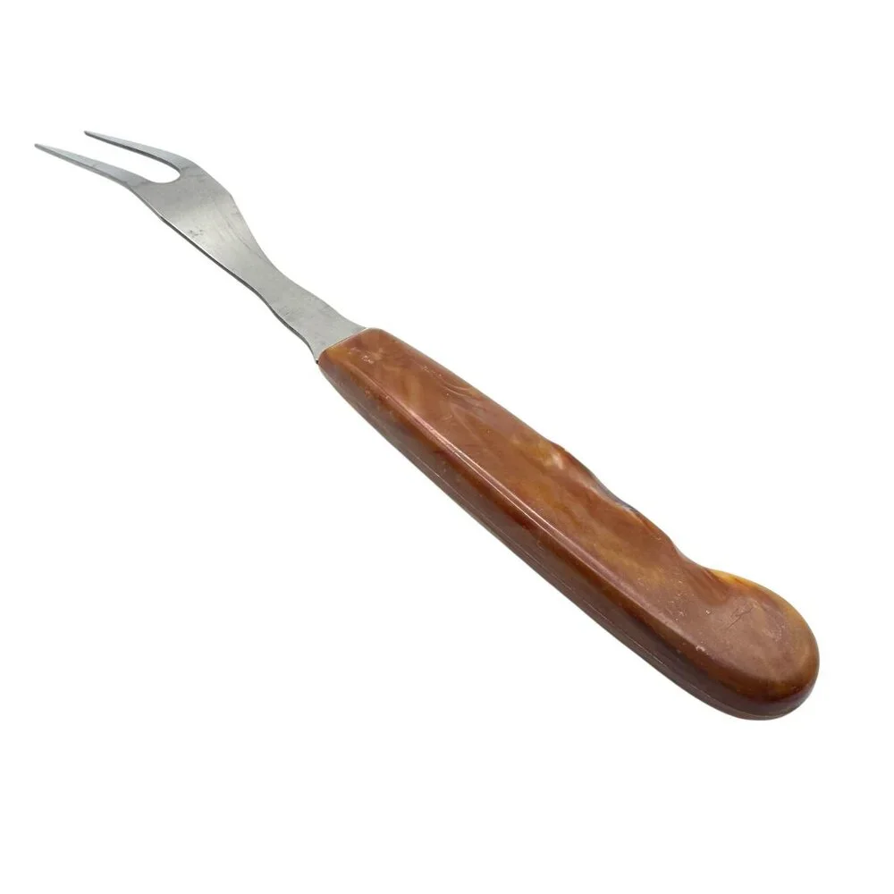 Vintage Stainless Steel Carving Fork Brown Marbled Swirl Handle MCM Meat Serving